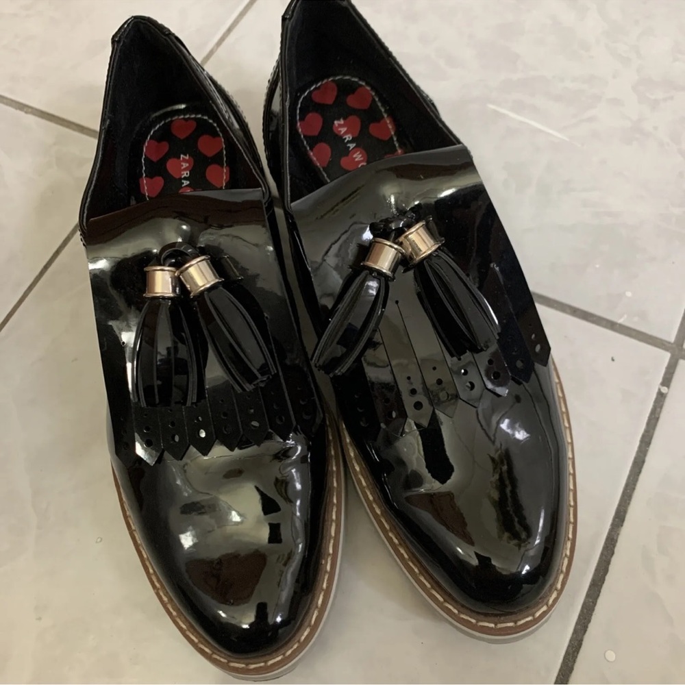 Zara Womens Black Pattent🥿👞👠👞👡Round Toe Platform  Derby  Shoes Loafers